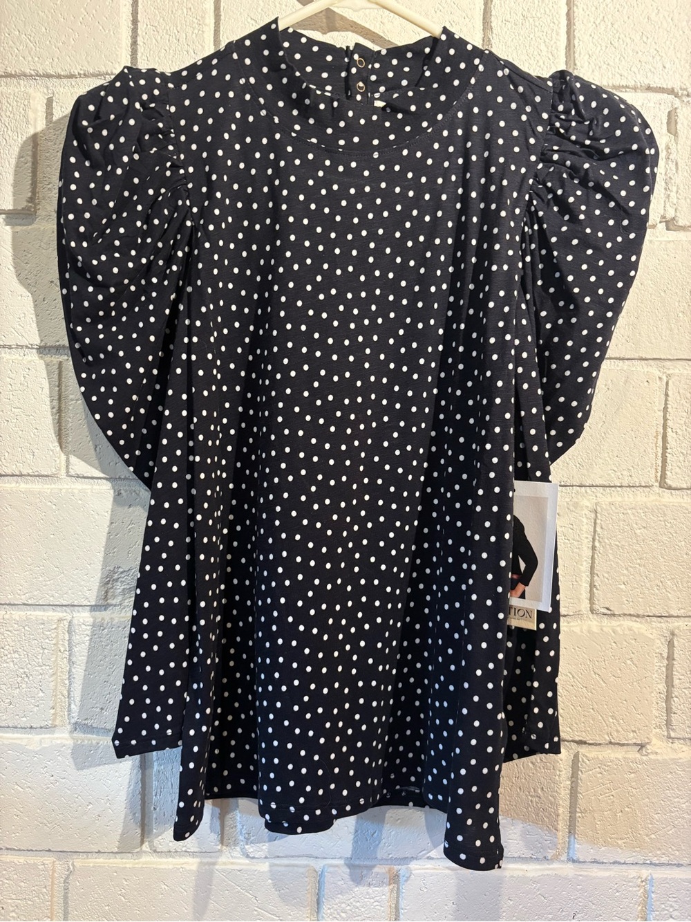 Anthropologie Navy and White Polka Dot Puff Sleeve Blouse